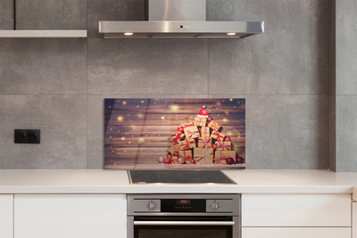 Panel szklany do Kuchni Świąteczne Prezenty na Drewnie