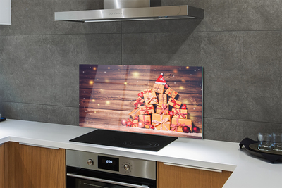 Panel szklany do Kuchni Świąteczne Prezenty na Drewnie