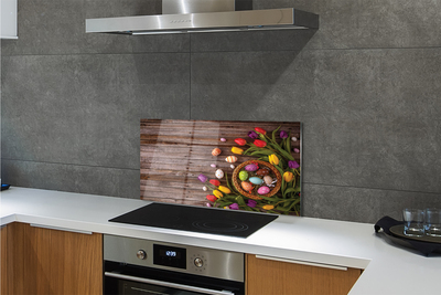 Szkło do Kuchni na Ścianę Tulipany i Jajka na Drewnie