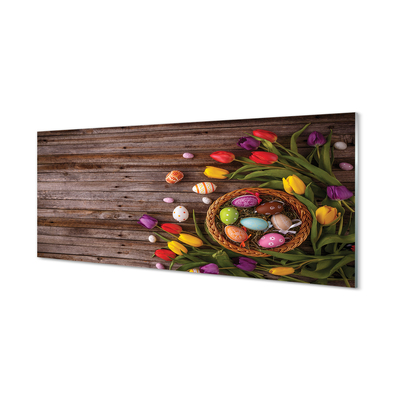 Szkło do Kuchni na Ścianę Tulipany i Jajka na Drewnie
