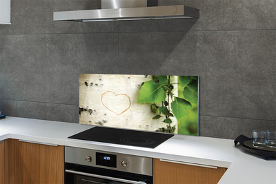 Panel szklany do Kuchni Serce z Liści na Pniu Brzozy