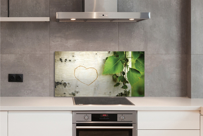 Panel szklany do Kuchni Serce z Liści na Pniu Brzozy