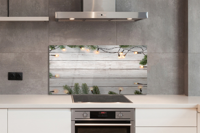 Panel szklany do Kuchni Świąteczne Lampki na Drewnie