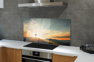 Szklany Panel Krzyż w Górach o Zachodzie Słońca