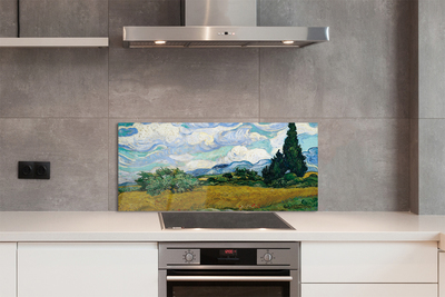 Szklany Panel Pole Pszenicy z Cyprysami - Van Gogh