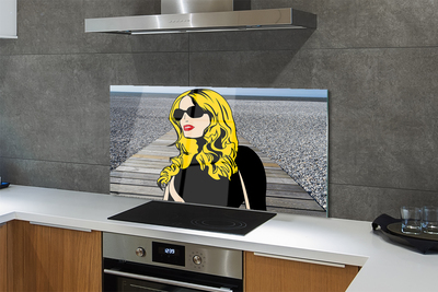 Szkło do Kuchni na Ścianę Kobieta w Okularach i Czerwonych Ustach