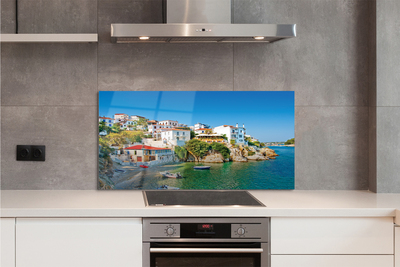 Szkło do Kuchni na Ścianę Tradycyjna Grecka Architektura nad Wodą