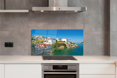 Szkło do Kuchni na Ścianę Tradycyjna Grecka Architektura nad Wodą