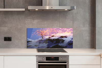 Panel szklany do Kuchni Zimowy Krajobraz z Drzewem i Górami