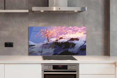 Panel szklany do Kuchni Zimowy Krajobraz z Drzewem i Górami