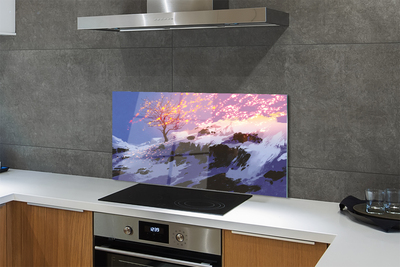 Panel szklany do Kuchni Zimowy Krajobraz z Drzewem i Górami