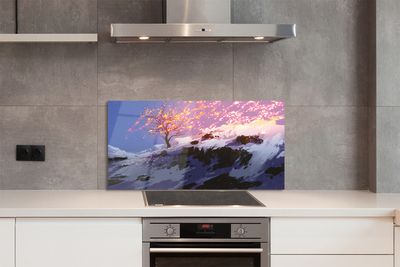 Panel szklany do Kuchni Zimowy Krajobraz z Drzewem i Górami