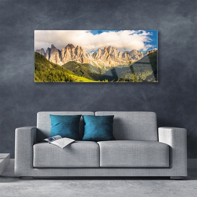 Obraz Akrylowy Szczyty Gór Chmury Lasy Łąka