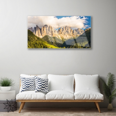 Obraz Akrylowy Szczyty Gór Chmury Lasy Łąka