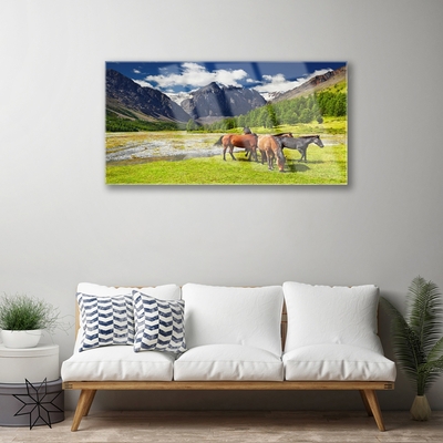 Obraz Akrylowy Góry Drzewa Konie Zwierzęta