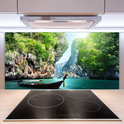 Szkło do Kuchni na Ścianę Łódka Na Górskim Jeziorem