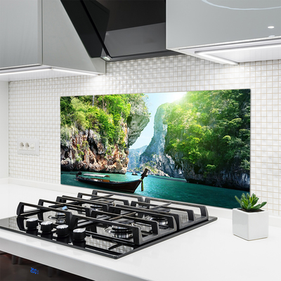 Szkło do Kuchni na Ścianę Łódka Na Górskim Jeziorem