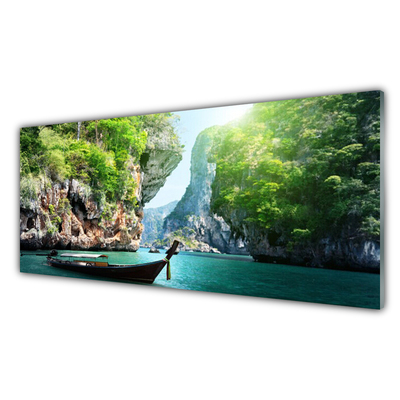 Szkło do Kuchni na Ścianę Łódka Na Górskim Jeziorem