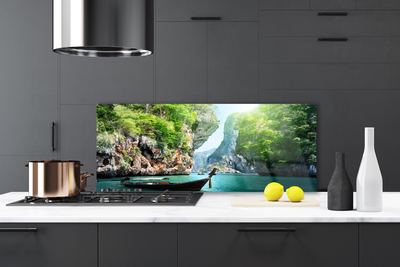 Szkło do Kuchni na Ścianę Łódka Na Górskim Jeziorem