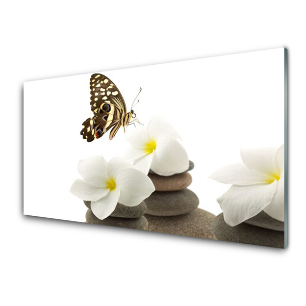 Panel Szklany Motyl Kwiat Kamienie Roślina