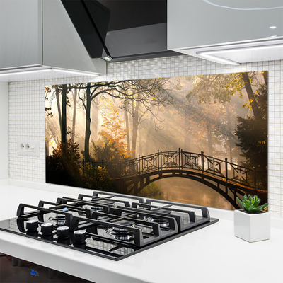 Panel Szklany do Kuchni Drewniany Mostek w Lesie