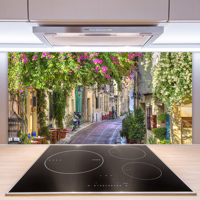 Panel Szklany do Kuchni Malownicza Uliczka w Kwiatach