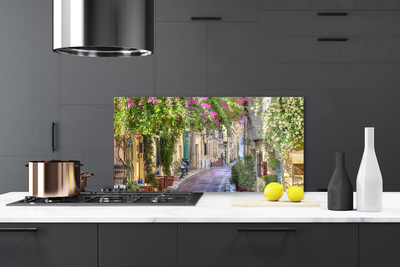 Panel Szklany do Kuchni Malownicza Uliczka w Kwiatach