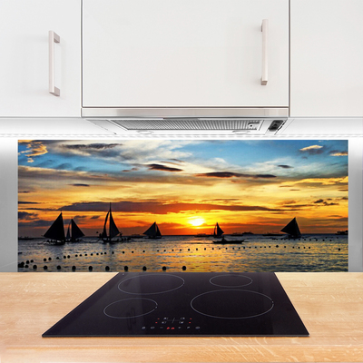 Panel Szklany do Kuchni Łodzie o Zachodzie Słońca