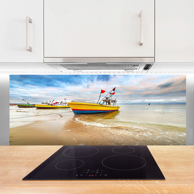 Panel Szklany do Kuchni Kolorowe Łodzie Na Brzegu