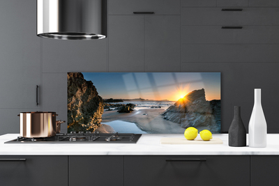 Szkło Dekoracyjne do Kuchni Słoneczna Plaża wśród Skał