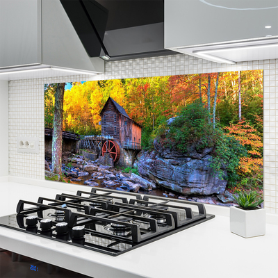 Szkło Ozdobne do Kuchni Zabytkowy Młyn w Jesiennym Lesie