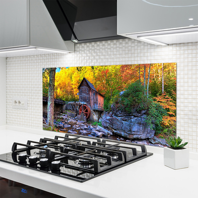 Szkło Ozdobne do Kuchni Zabytkowy Młyn w Jesiennym Lesie