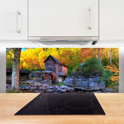 Szkło Ozdobne do Kuchni Zabytkowy Młyn w Jesiennym Lesie