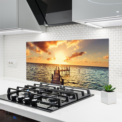 Szkło do Kuchni na Ścianę Drewniany Pomost o Zmierzchu