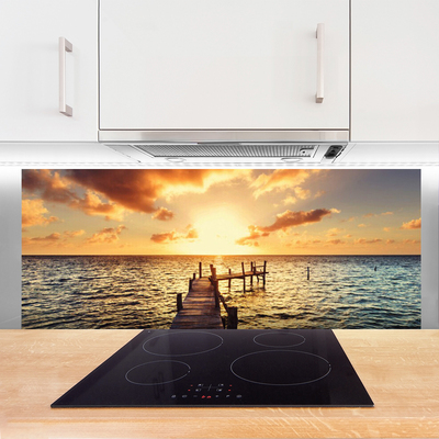 Szkło do Kuchni na Ścianę Drewniany Pomost o Zmierzchu