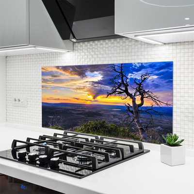 Panel Szklany do Kuchni Sylwetka Drzewa o Zachodzie