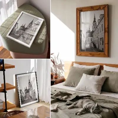 Nowoczesna grafika na płótnie przedstawiająca zabytkowe budynki z eleganckimi detalami architektonicznymi