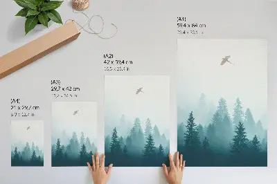 Nowoczesna grafika na płótnie delikatna mgła w lesie z ptakiem szybującym nad drzewami