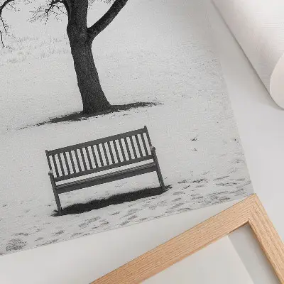 Minimalistyczny krajobraz z drzewem i ławką plakat z teksturą płótna