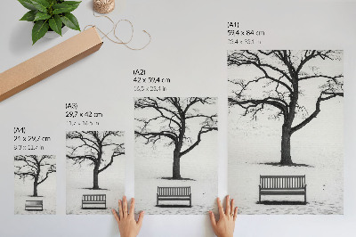 Plakat z teksturą płótna Minimalistyczny krajobraz z drzewem i ławką