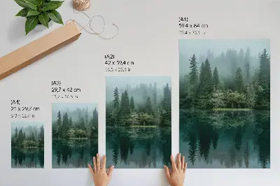Nowoczesna grafika na płótnie zielona głębia lasu z mgłą i odbiciem w wodzie