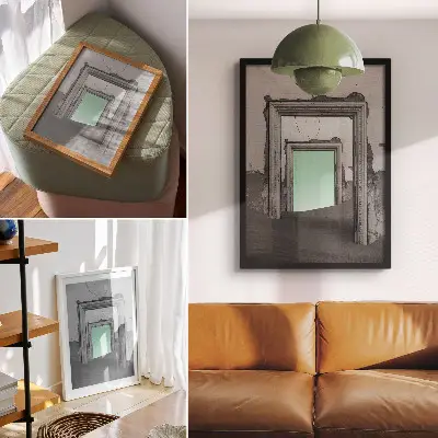 Plakat na płótnie zielona pustynia z opuszczonymi budynkami w stylu surrealistycznym