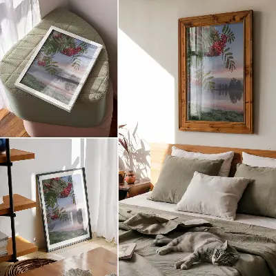 Plakat ścienny jezioro o poranku wśród jarzębin w delikatnej mgle