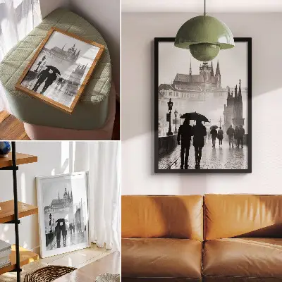 Plakat ścienny spacer w deszczu z zabytkową architekturą i parą