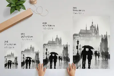 Plakat ścienny spacer w deszczu z zabytkową architekturą i parą