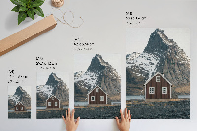 Plakat ścienny Górski krajobraz drewniany domek śnieżne szczyty