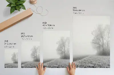 Plakat z teksturą płótna subtelna mgła w zimowym krajobrazie o spokojnym klimacie