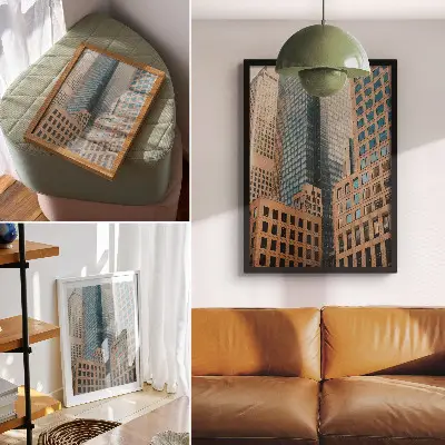 Nowoczesna grafika na płótnie z motywem geometrycznych wieżowców w eleganckim stylu