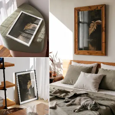 Plakat ścienny paprotka nad wodą z motywem kropli i refleksji