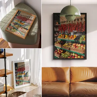 Plakat z teksturą płótna barwne owoce podkreślające aromat tradycji i atmosferę przyrody